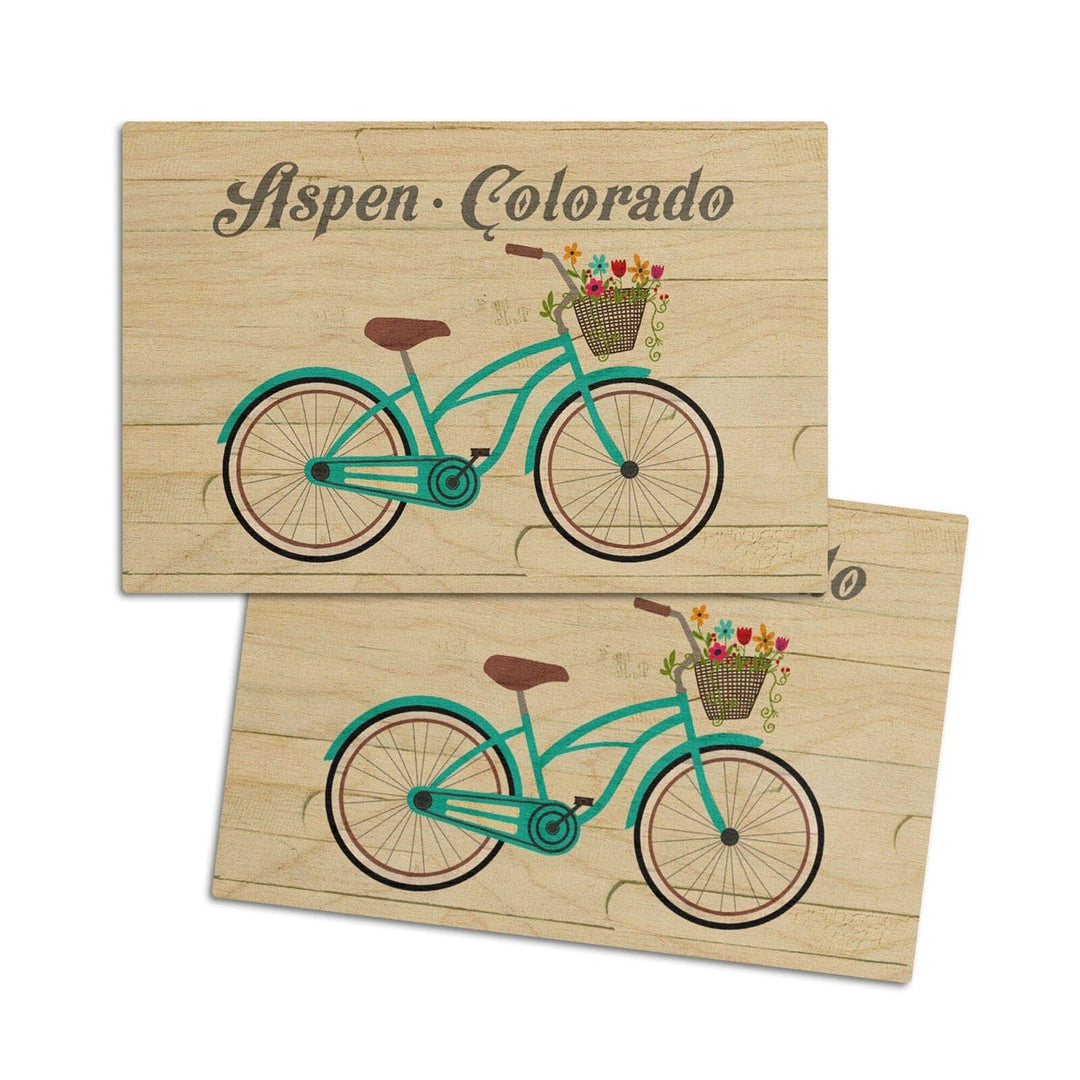 Aspen, Colorado, Beach Cruiser & Basket, The Simple Life, Lantern Press Artwork, Wood Signs and Postcards Wood Lantern Press 4x6 Wood Postcard Set 