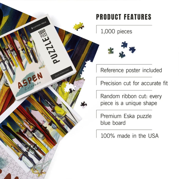 Aspen, Colorado, Colorful Skis, Jigsaw Puzzle Puzzle Lantern Press 