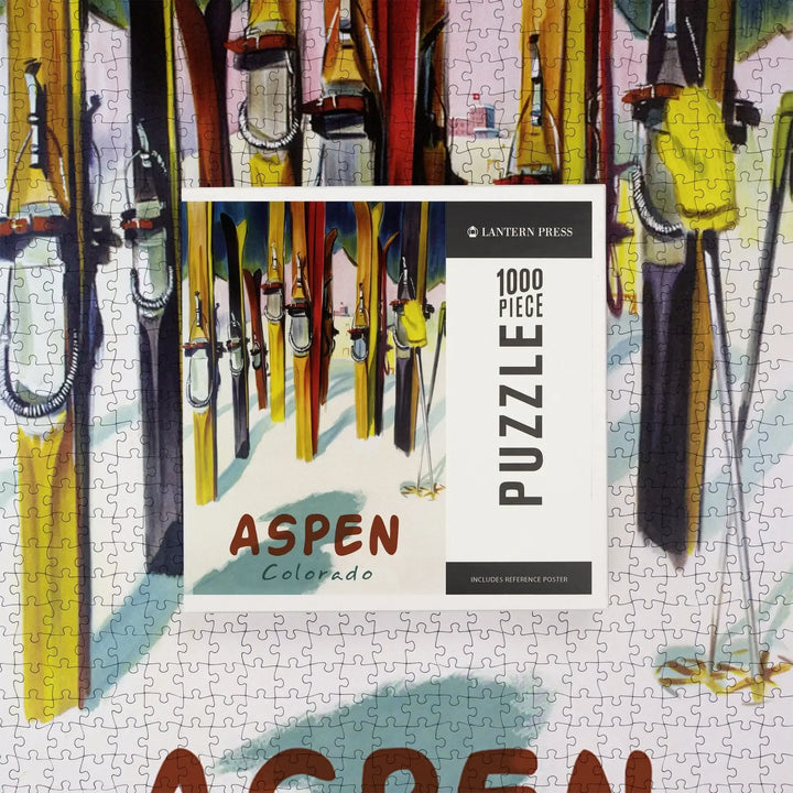 Aspen, Colorado, Colorful Skis, Jigsaw Puzzle Puzzle Lantern Press 