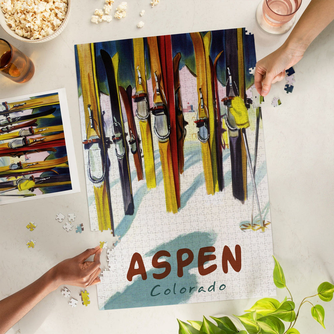 Aspen, Colorado, Colorful Skis, Jigsaw Puzzle Puzzle Lantern Press 