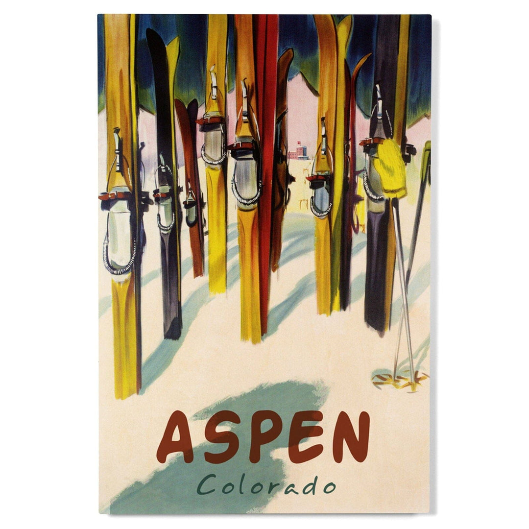 Aspen, Colorado, Colorful Skis, Lantern Press Artwork, Wood Signs and Postcards Wood Lantern Press 