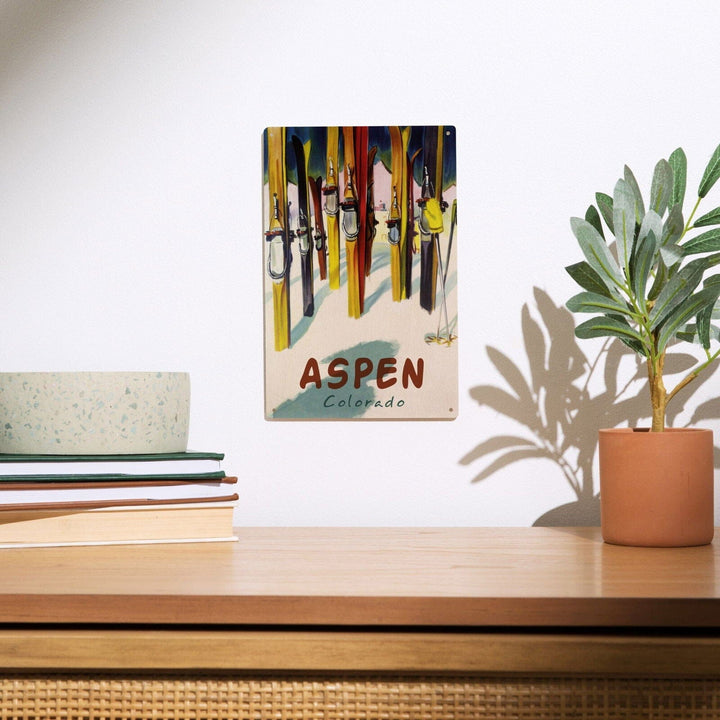 Aspen, Colorado, Colorful Skis, Lantern Press Artwork, Wood Signs and Postcards Wood Lantern Press 