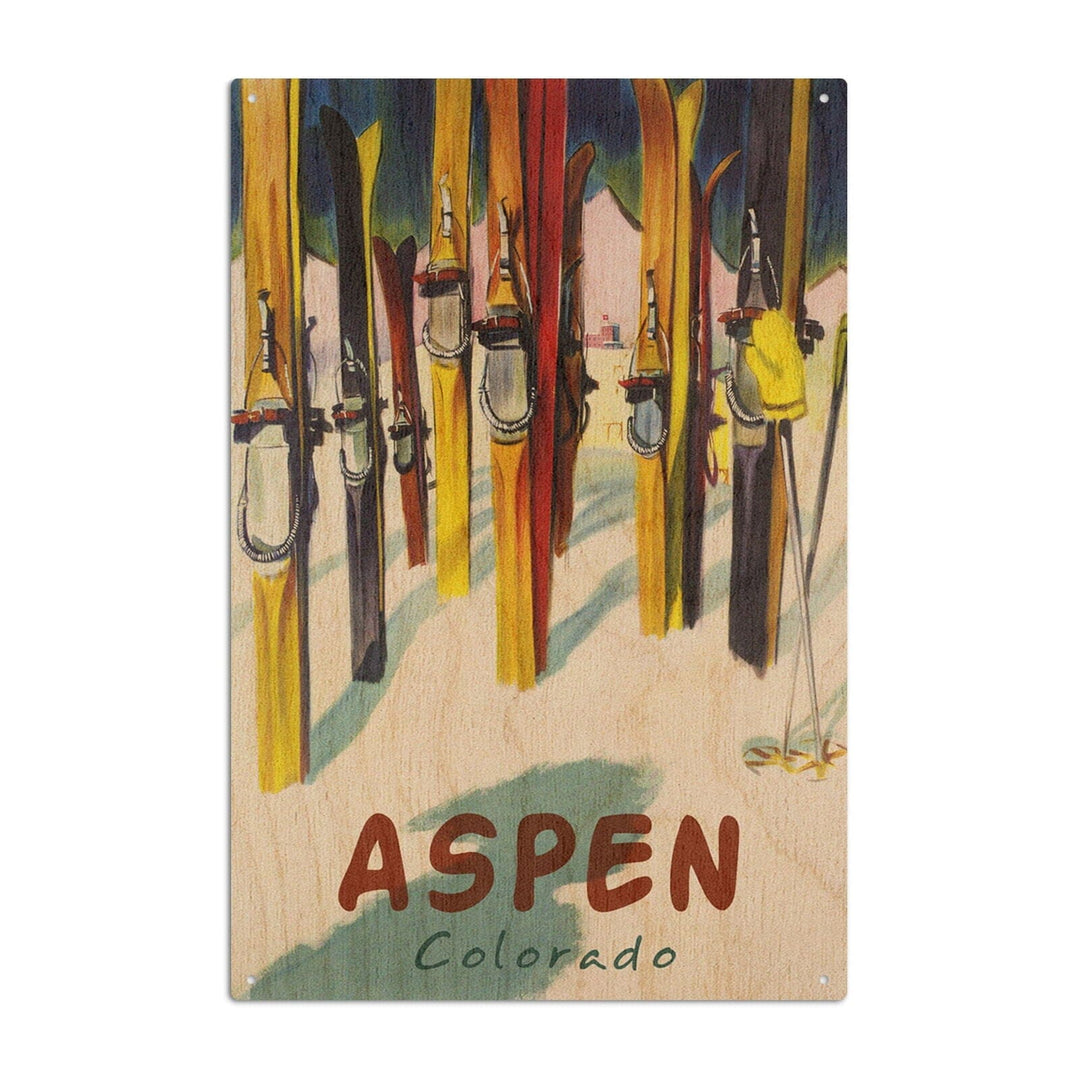 Aspen, Colorado, Colorful Skis, Lantern Press Artwork, Wood Signs and Postcards Wood Lantern Press 6x9 Wood Sign 