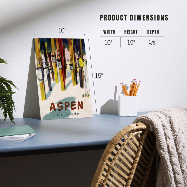 Aspen, Colorado, Colorful Skis, Lantern Press Artwork, Wood Signs and Postcards Wood Lantern Press 