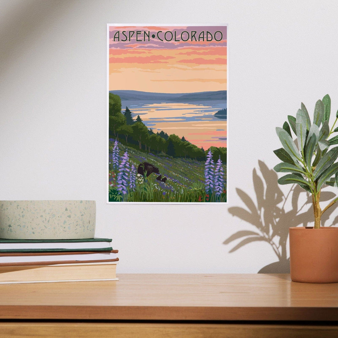 Aspen, Colorado, Lake and Bear Family, Art & Giclee Prints Art Lantern Press 