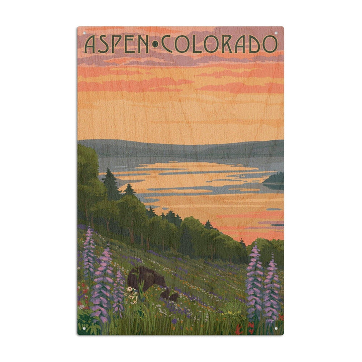 Aspen, Colorado, Lake & Bear Family, Lantern Press Artwork, Wood Signs and Postcards Wood Lantern Press 