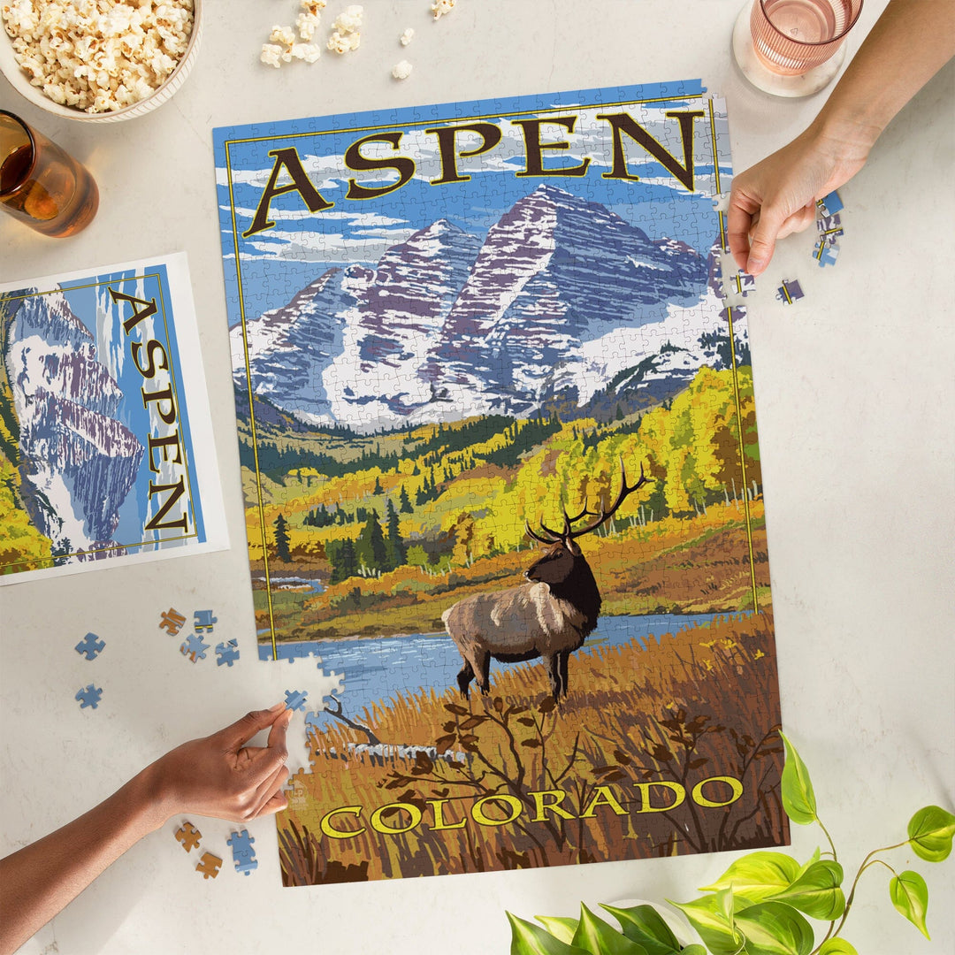 Aspen, Colorado, Mountains and Elk, Jigsaw Puzzle Puzzle Lantern Press 