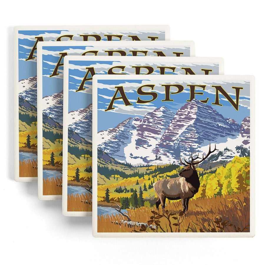 Aspen, Colorado, Mountains & Elk, Lantern Press Artwork, Coaster Set Coasters Lantern Press 