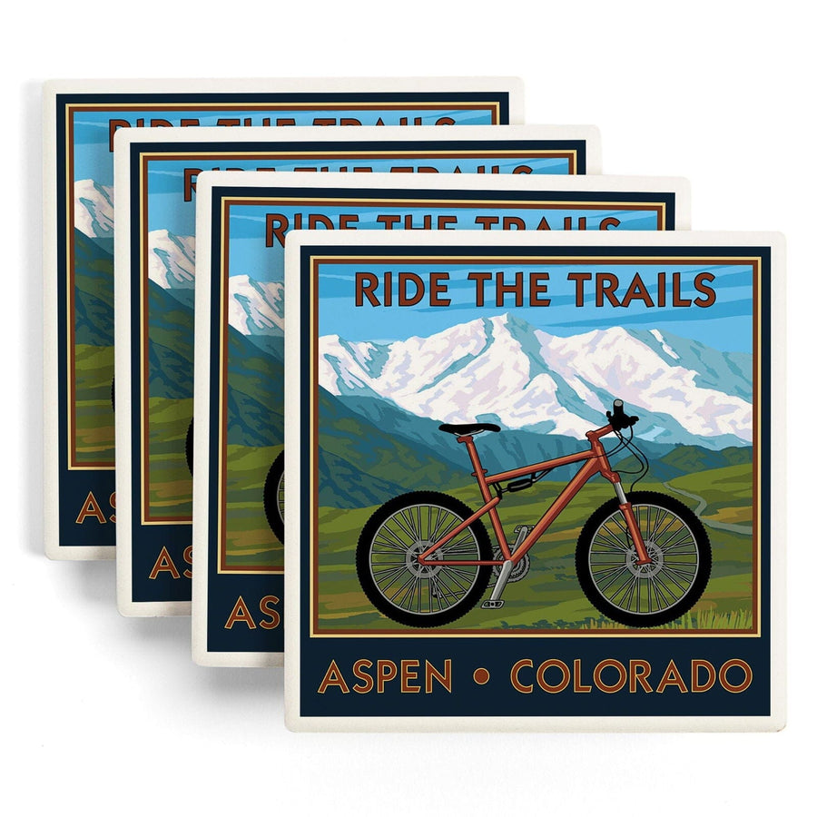 Aspen, Colorado, Ride the Trails, Mountain Bike, Lantern Press Artwork, Coaster Set Coasters Lantern Press 