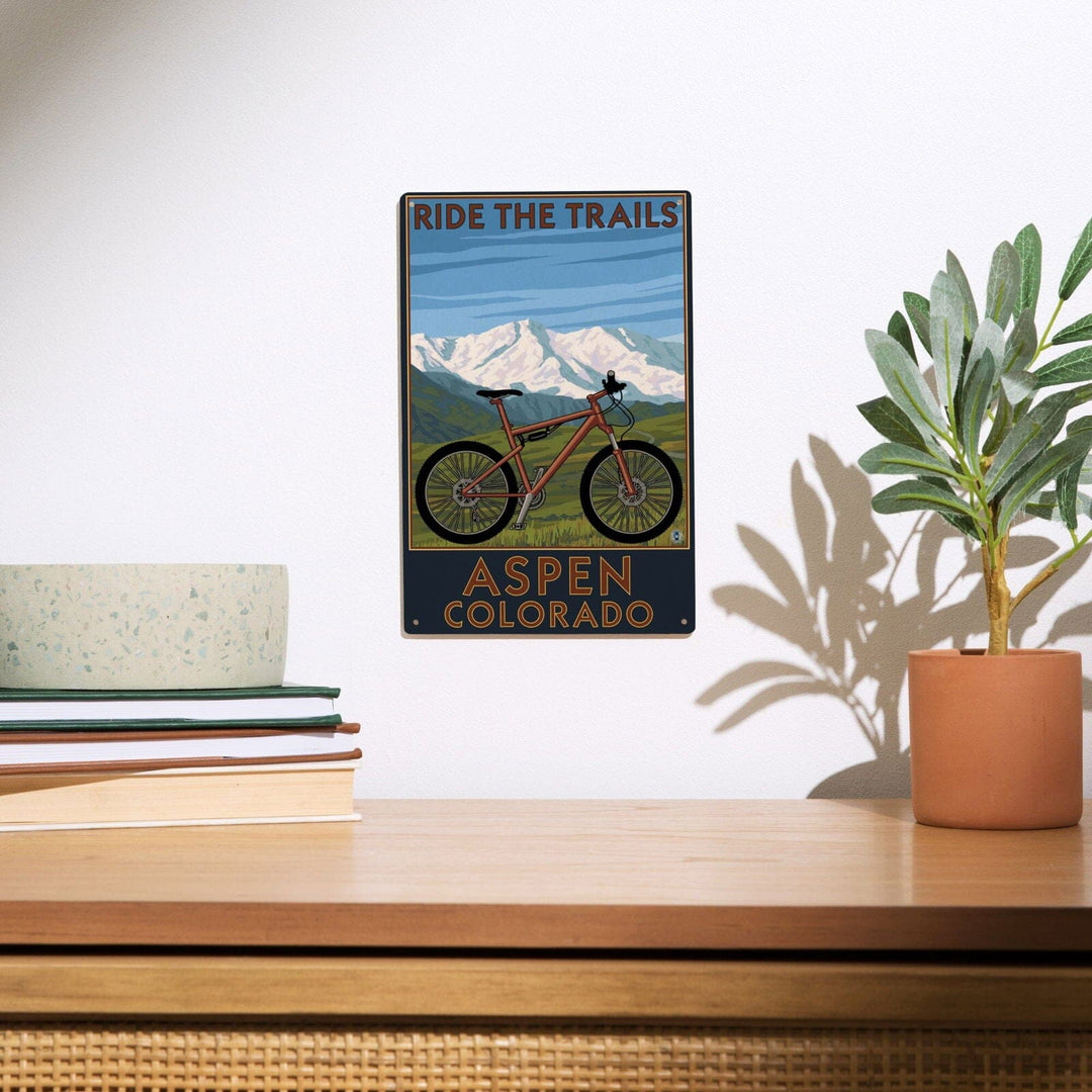 Aspen, Colorado, Ride the Trails, Mountain Bike, Lantern Press Artwork, Wood Signs and Postcards Wood Lantern Press 