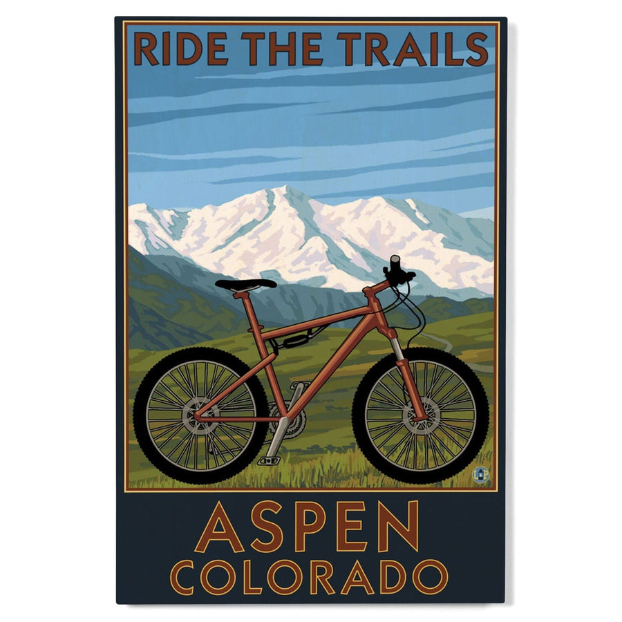 Aspen, Colorado, Ride the Trails, Mountain Bike, Lantern Press Artwork, Wood Signs and Postcards Wood Lantern Press 