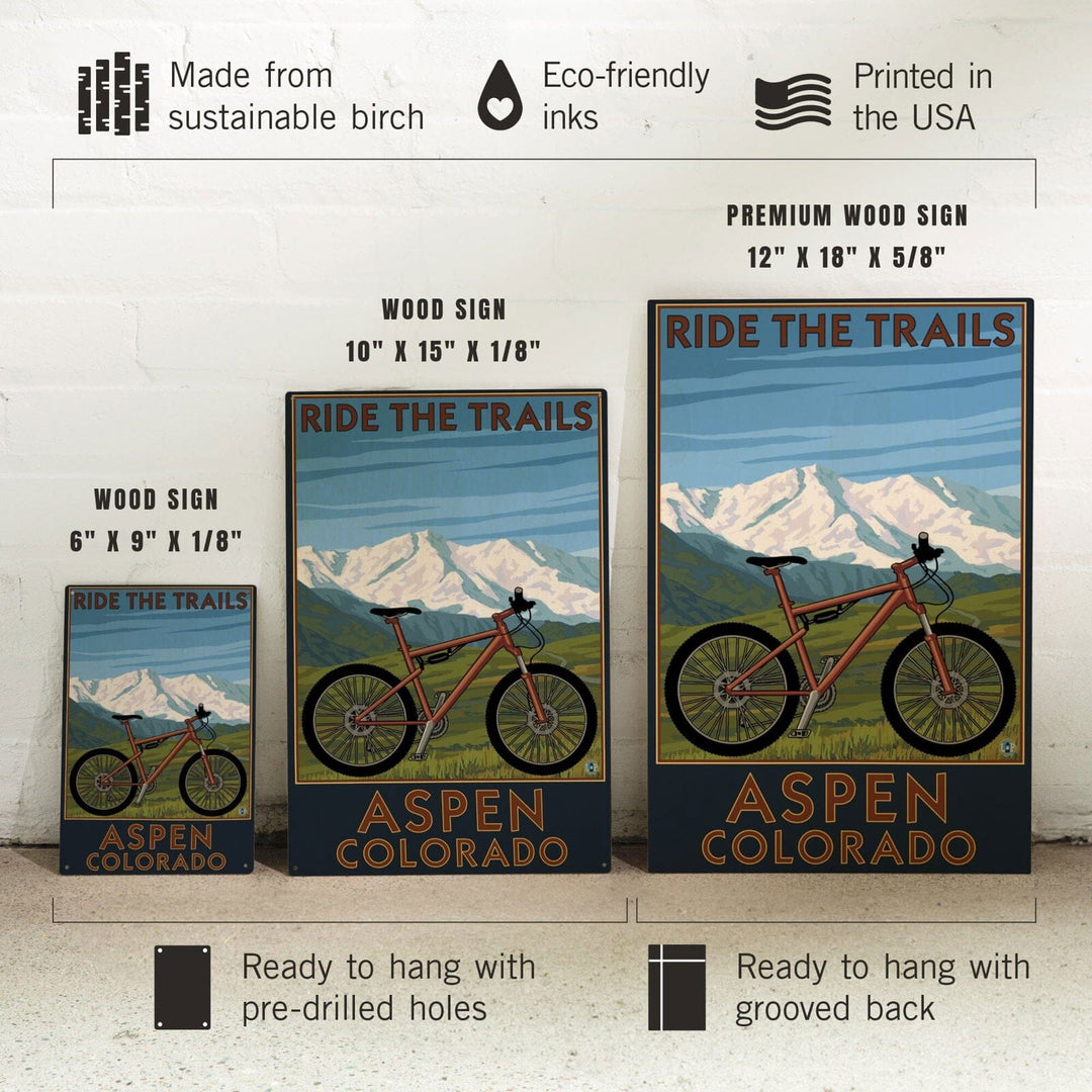 Aspen, Colorado, Ride the Trails, Mountain Bike, Lantern Press Artwork, Wood Signs and Postcards Wood Lantern Press 