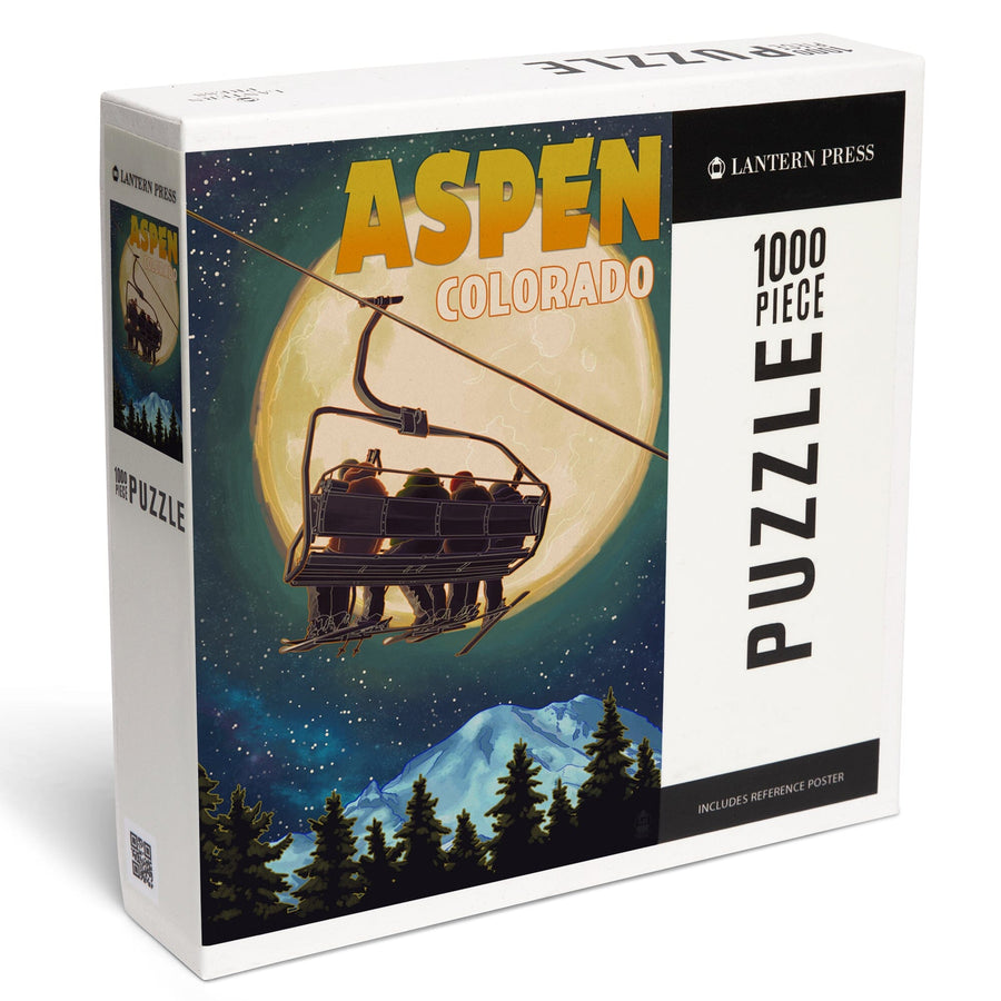 Aspen, Colorado, Ski Lift and Full Moon, Jigsaw Puzzle Puzzle Lantern Press 