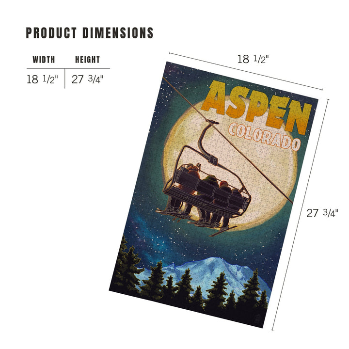 Aspen, Colorado, Ski Lift and Full Moon, Jigsaw Puzzle Puzzle Lantern Press 