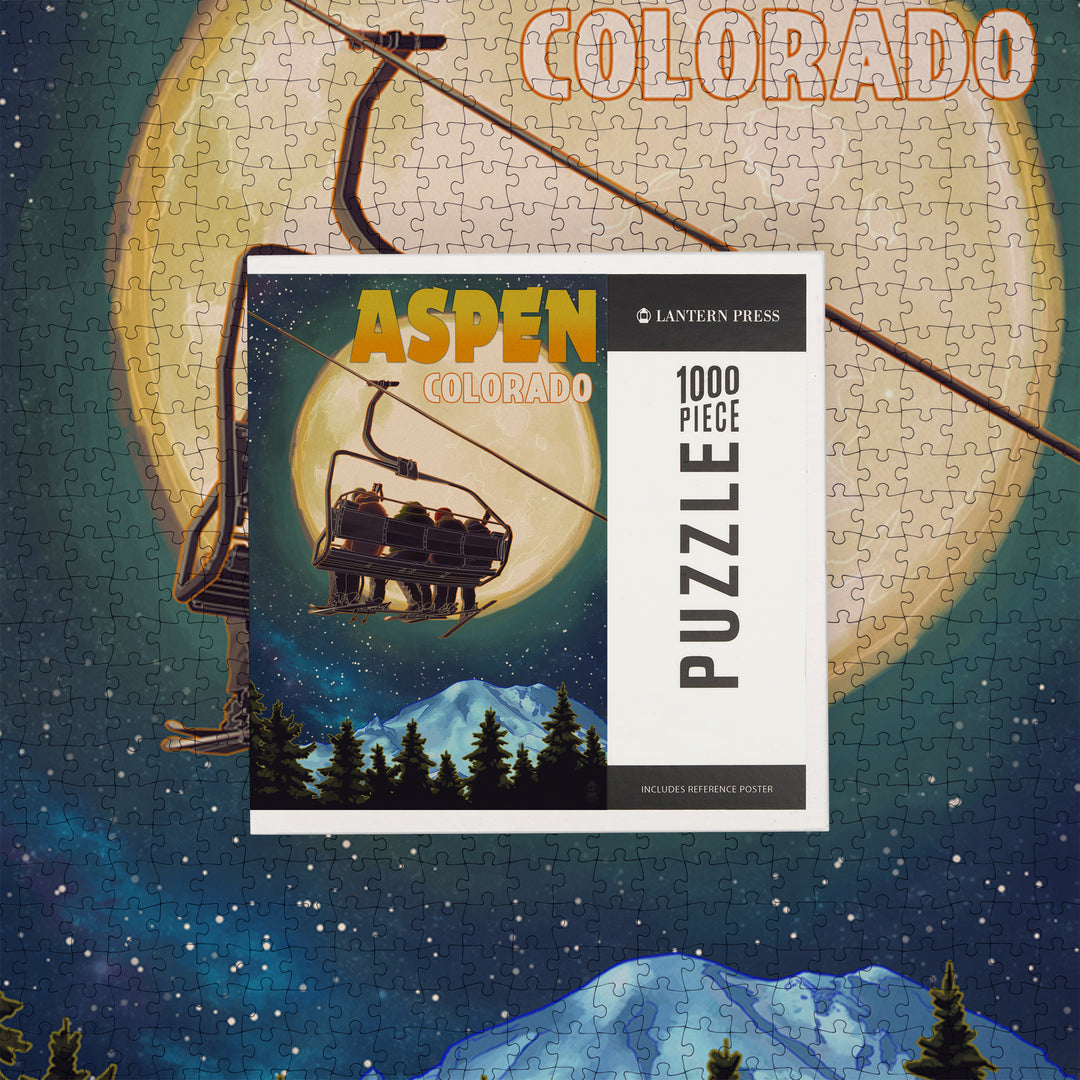 Aspen, Colorado, Ski Lift and Full Moon, Jigsaw Puzzle Puzzle Lantern Press 