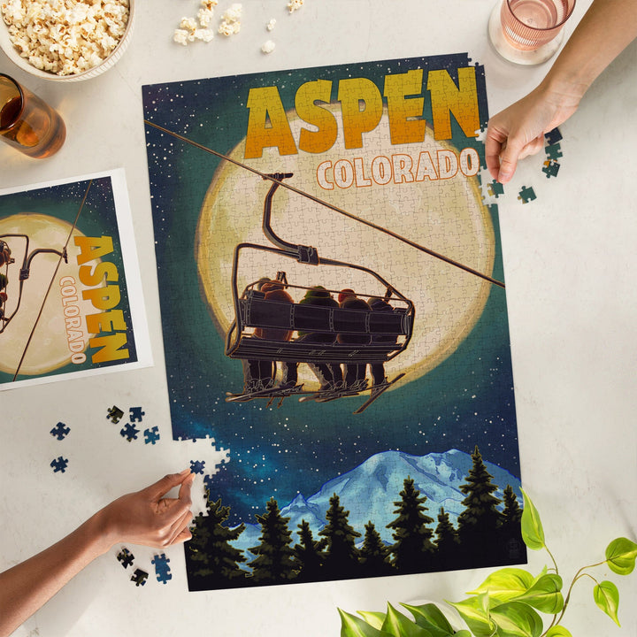 Aspen, Colorado, Ski Lift and Full Moon, Jigsaw Puzzle Puzzle Lantern Press 
