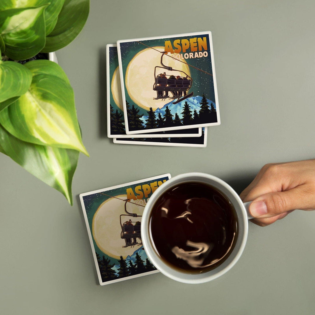 Aspen, Colorado, Ski Lift and Full Moon, Lantern Press Artwork, Coaster Set Coasters Lantern Press 