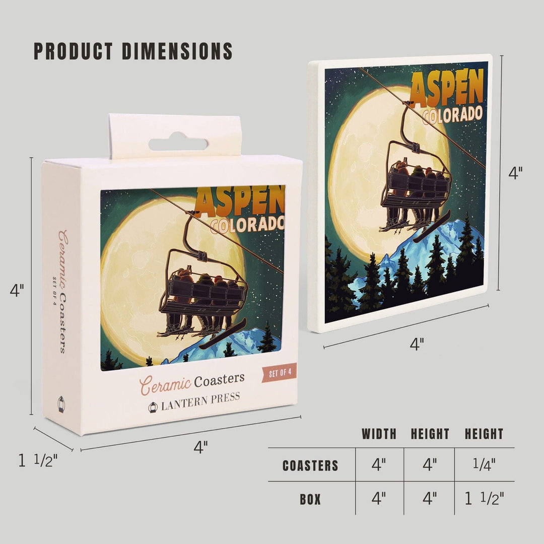 Aspen, Colorado, Ski Lift and Full Moon, Lantern Press Artwork, Coaster Set Coasters Lantern Press 