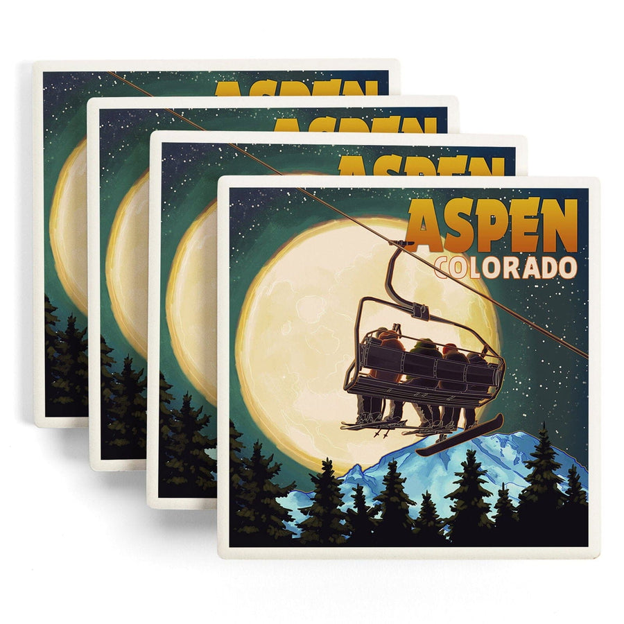 Aspen, Colorado, Ski Lift and Full Moon, Lantern Press Artwork, Coaster Set Coasters Lantern Press 