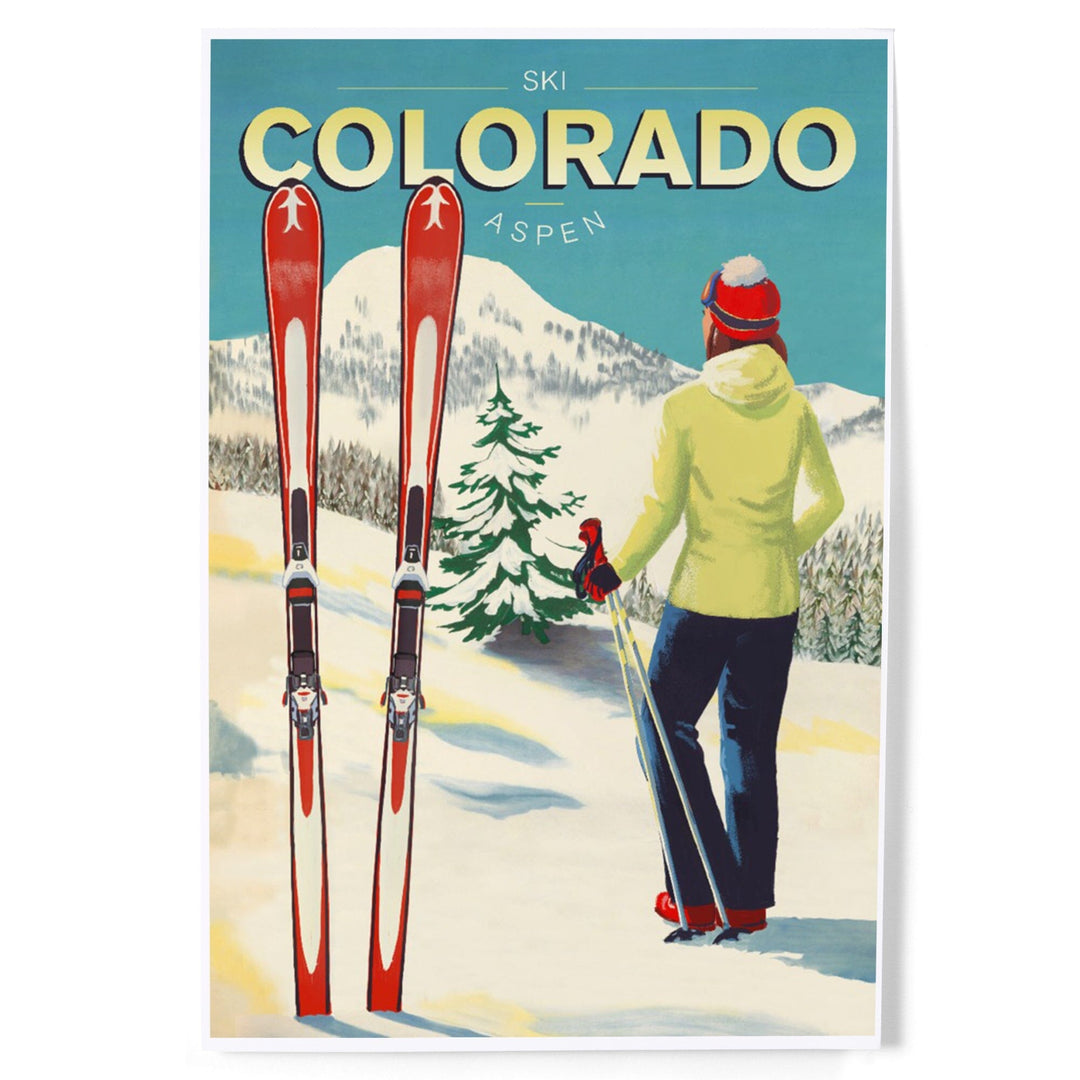 Aspen, Colorado, Woman Skier Mountain View, Ski Aspen, Art & Giclee Prints Art Lantern Press 