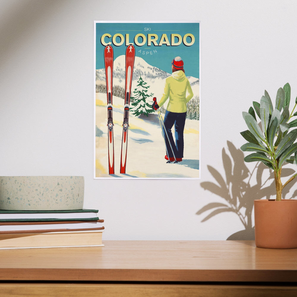 Aspen, Colorado, Woman Skier Mountain View, Ski Aspen, Art & Giclee Prints Art Lantern Press 