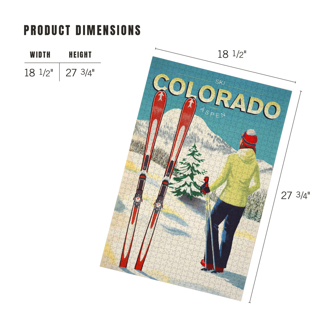 Aspen, Colorado, Woman Skier Mountain View, Ski Aspen, Jigsaw Puzzle Puzzle Lantern Press 