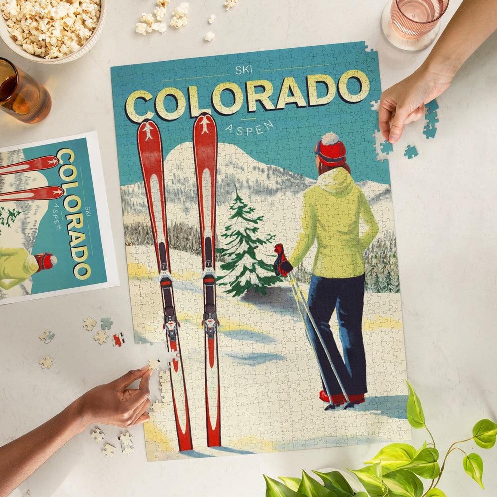 Aspen, Colorado, Woman Skier Mountain View, Ski Aspen, Jigsaw Puzzle Puzzle Lantern Press 