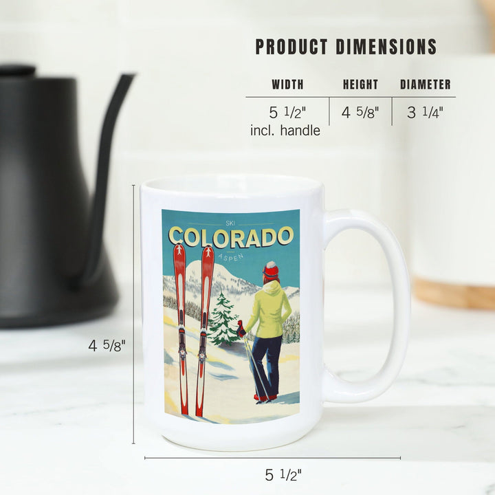 Aspen, Colorado, Woman Skier Mountain View, Ski Aspen, Lantern Press Artwork, Ceramic Mug Mugs Lantern Press 
