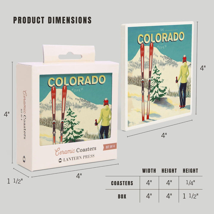 Aspen, Colorado, Woman Skier Mountain View, Ski Aspen, Lantern Press Artwork, Coaster Set Coasters Lantern Press 