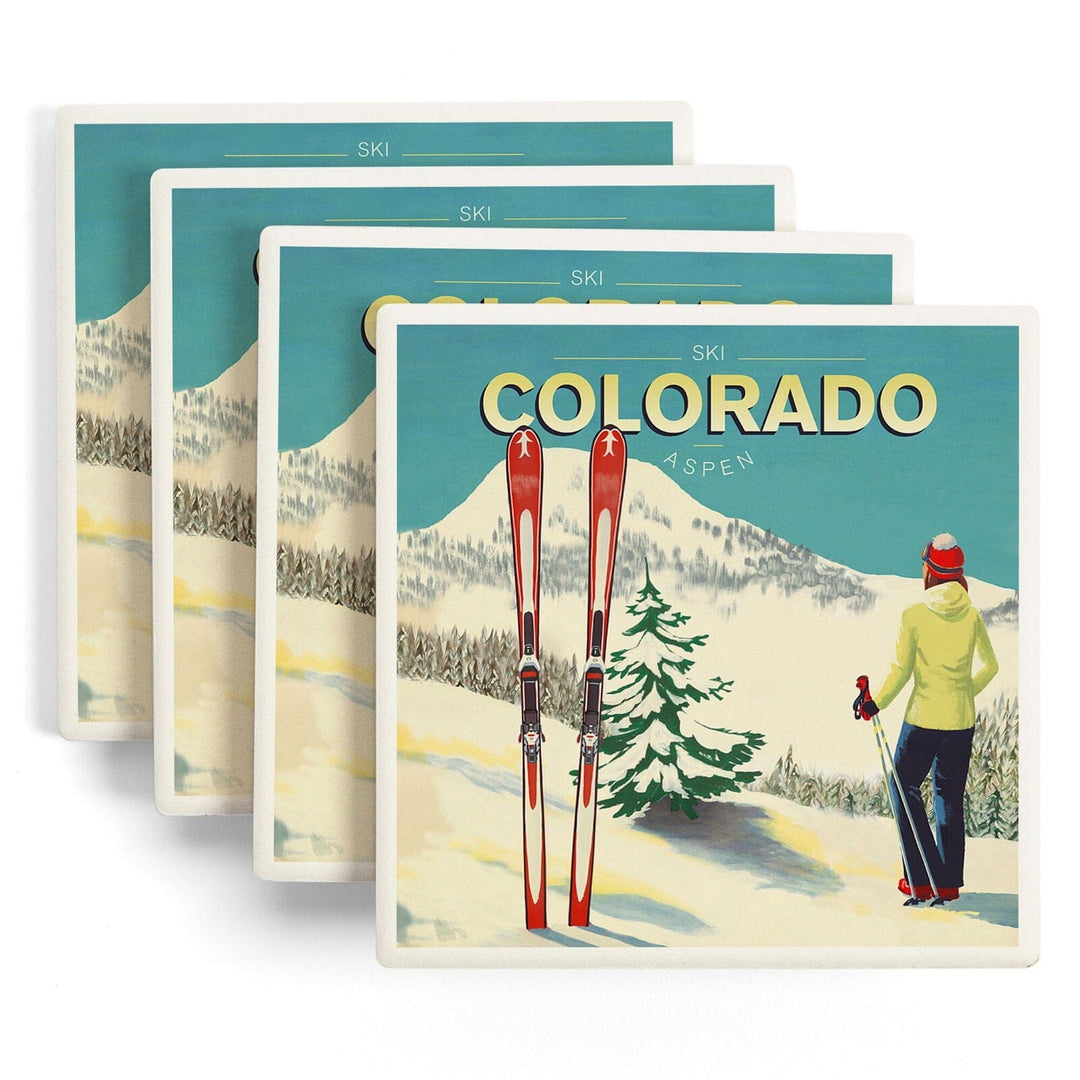 Aspen, Colorado, Woman Skier Mountain View, Ski Aspen, Lantern Press Artwork, Coaster Set Coasters Lantern Press 