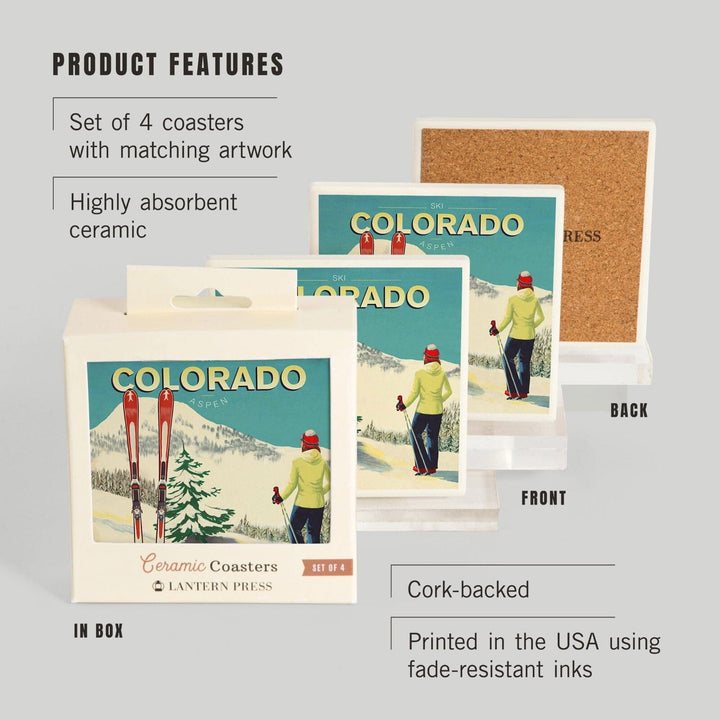 Aspen, Colorado, Woman Skier Mountain View, Ski Aspen, Lantern Press Artwork, Coaster Set Coasters Lantern Press 