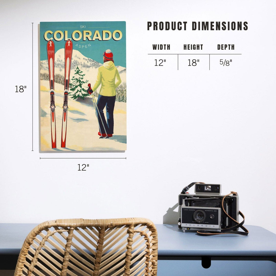 Aspen, Colorado, Woman Skier Mountain View, Ski Aspen, Lantern Press Artwork, Wood Signs and Postcards Wood Lantern Press 