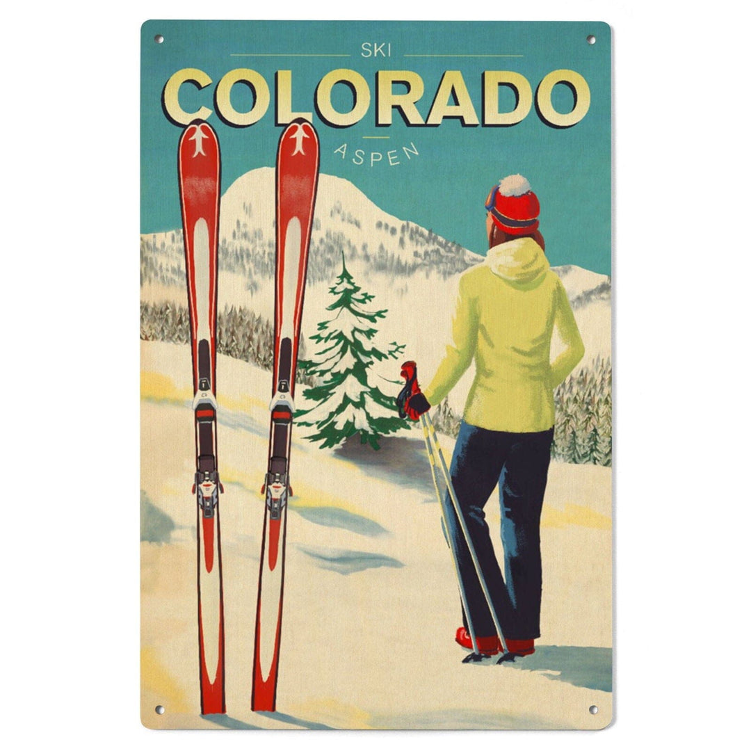 Aspen, Colorado, Woman Skier Mountain View, Ski Aspen, Lantern Press Artwork, Wood Signs and Postcards Wood Lantern Press 