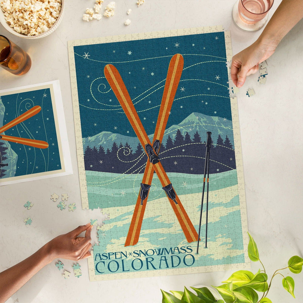 Aspen, Snowmass, Colorado, Crossed Skis Letterpress, Jigsaw Puzzle Puzzle Lantern Press 
