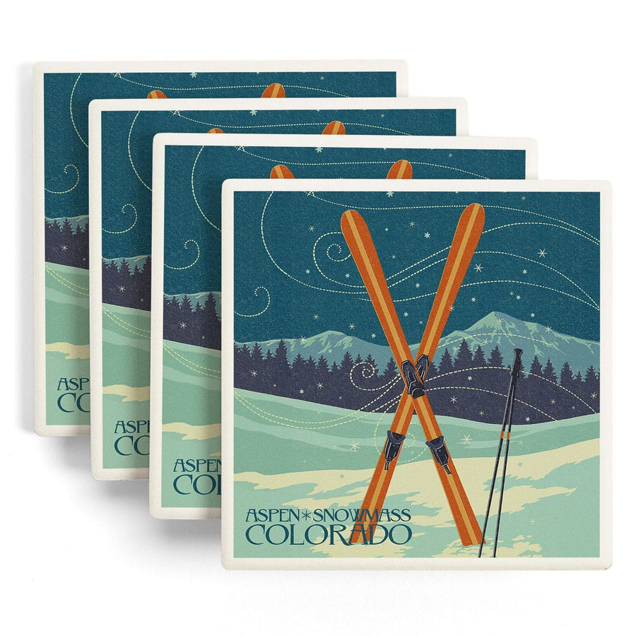 Aspen, Snowmass, Colorado, Crossed Skis Letterpress, Lantern Press Artwork, Coaster Set Coasters Lantern Press 