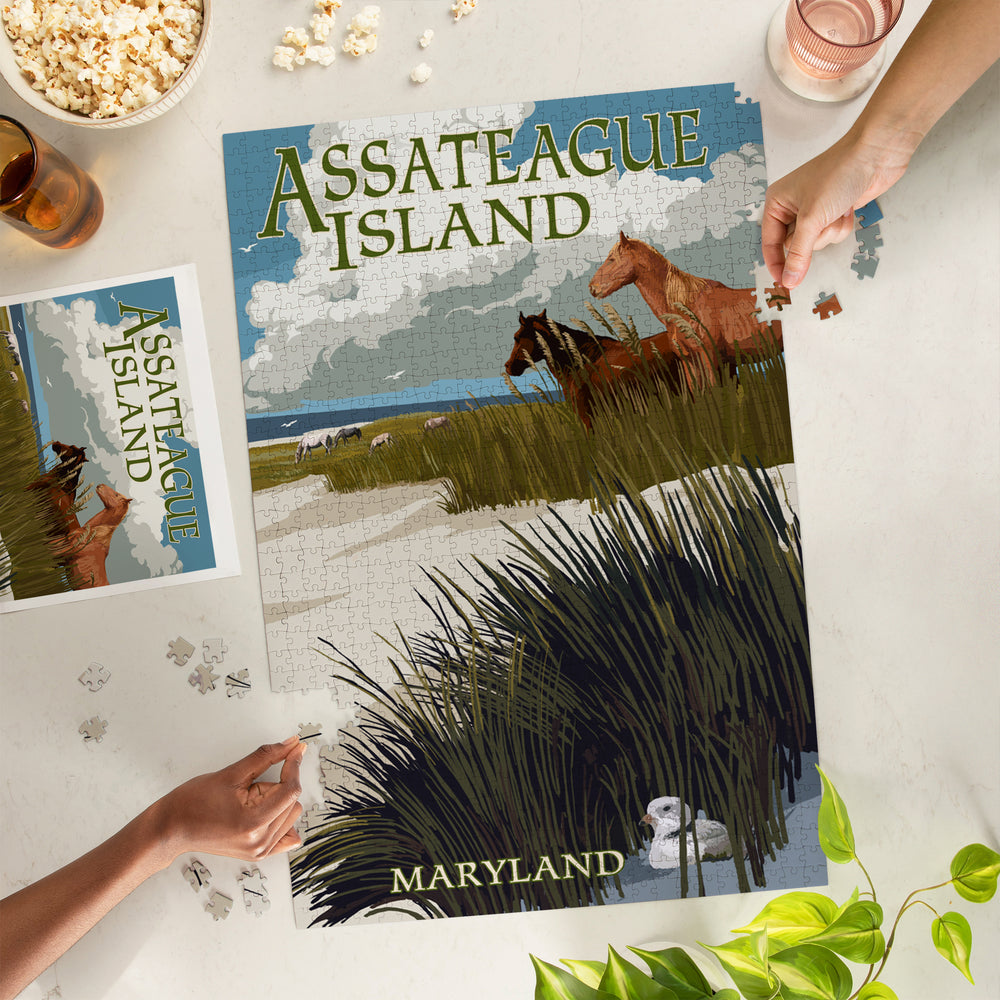 Assateague Island, Maryland, Horses and Dunes, Jigsaw Puzzle Puzzle Lantern Press 