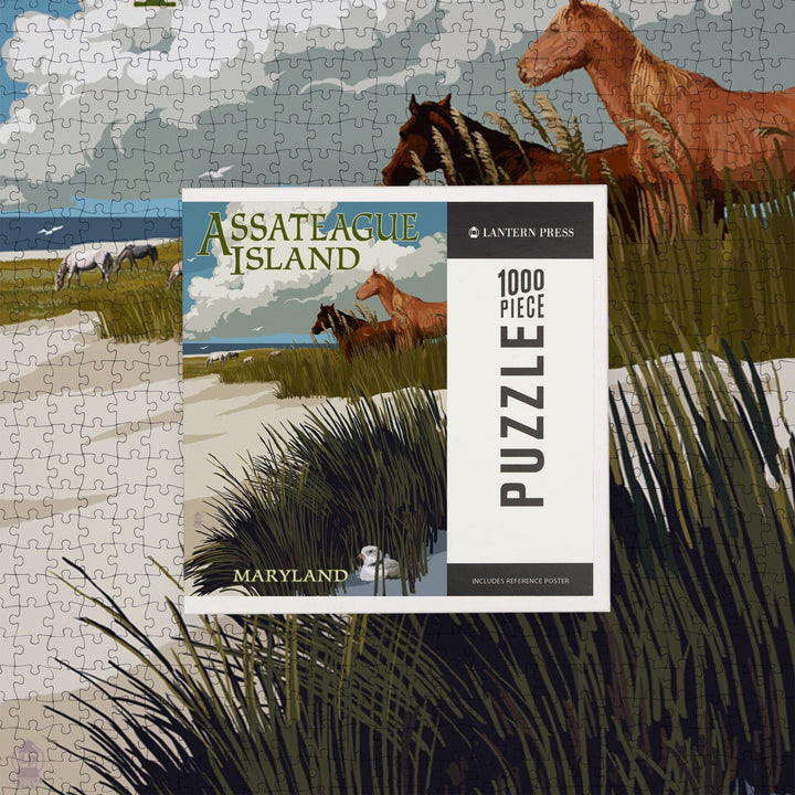 Assateague Island, Maryland, Horses and Dunes, Jigsaw Puzzle Puzzle Lantern Press 