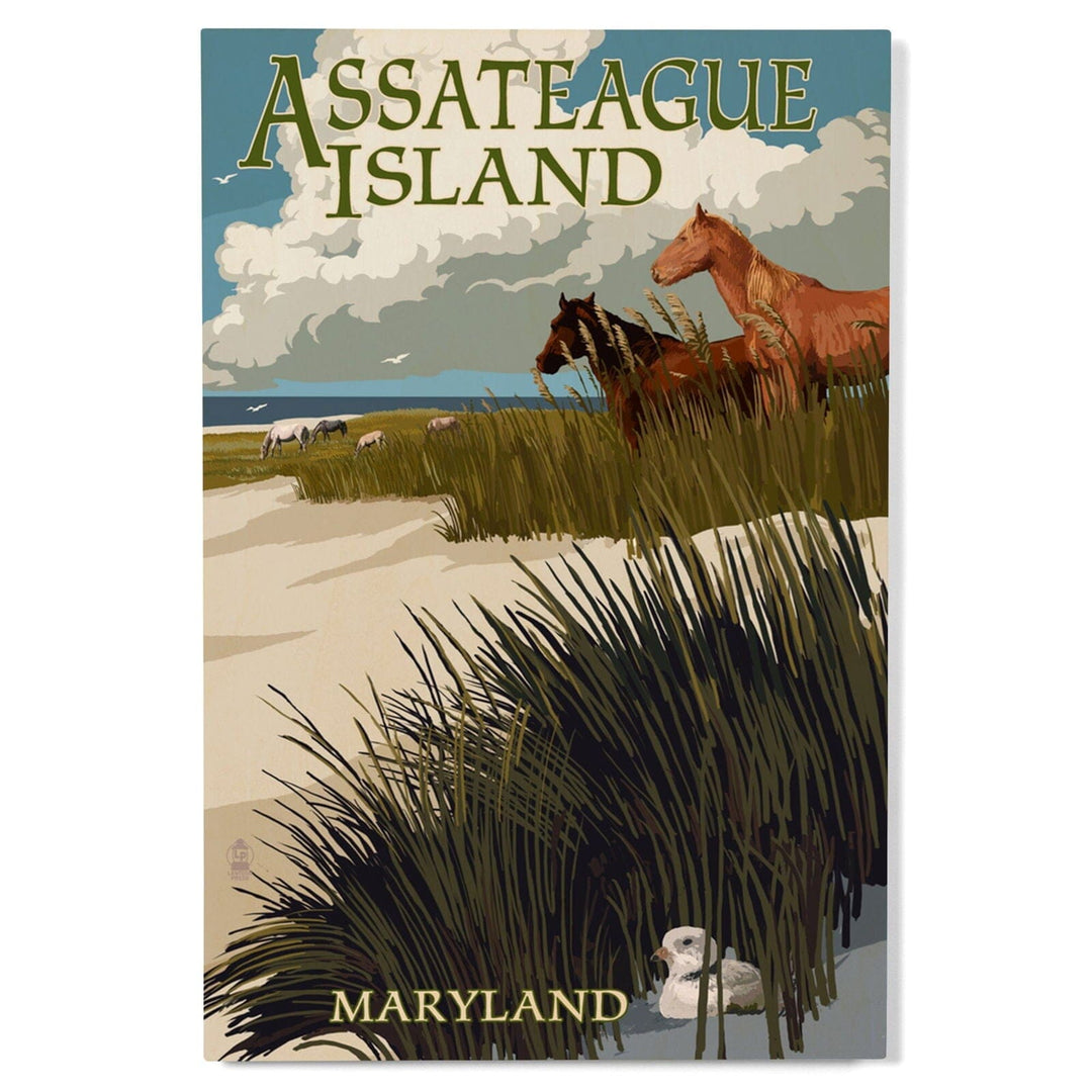 Assateague Island, Maryland, Horses & Dunes, Lantern Press Artwork, Wood Signs and Postcards Wood Lantern Press 