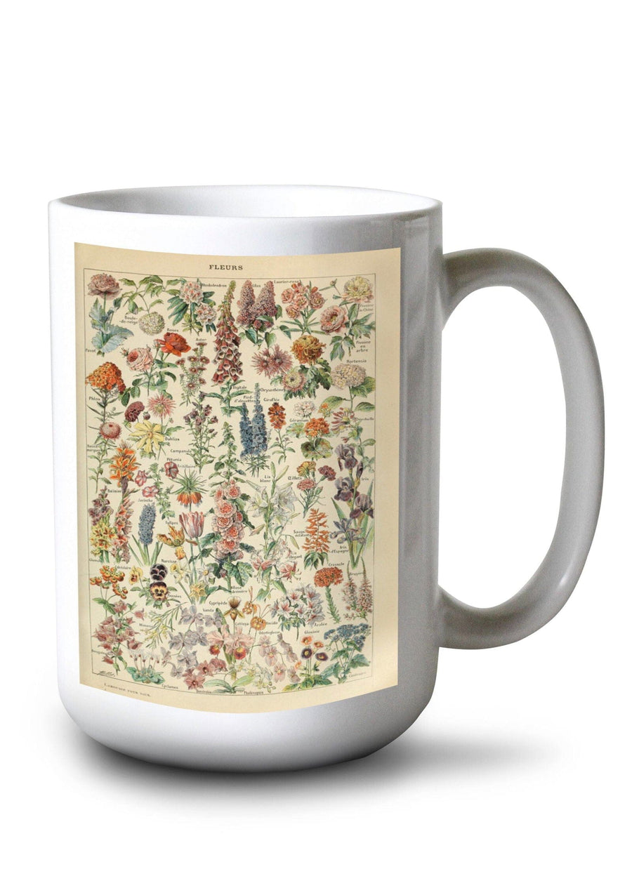 Assorted Flowers, E, Vintage Bookplate, Adolphe Millot Artwork, Ceramic Mug Mugs Lantern Press 