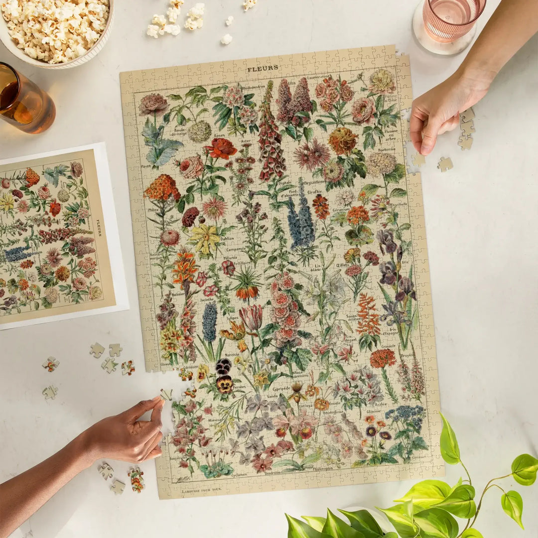 Assorted Flowers, E, Vintage Bookplate, Adolphe Millot Artwork, Jigsaw Puzzle Puzzle Lantern Press 