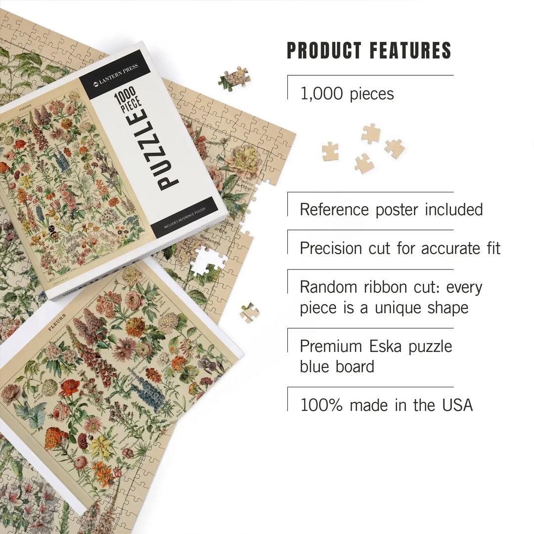 Assorted Flowers, E, Vintage Bookplate, Adolphe Millot Artwork, Jigsaw Puzzle Puzzle Lantern Press 