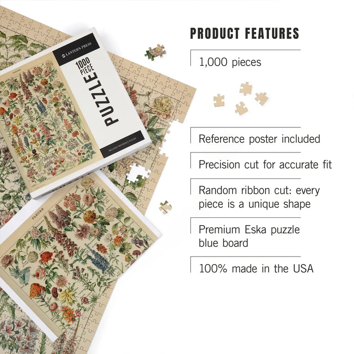 Assorted Flowers, E, Vintage Bookplate, Adolphe Millot Artwork, Jigsaw Puzzle Puzzle Lantern Press 