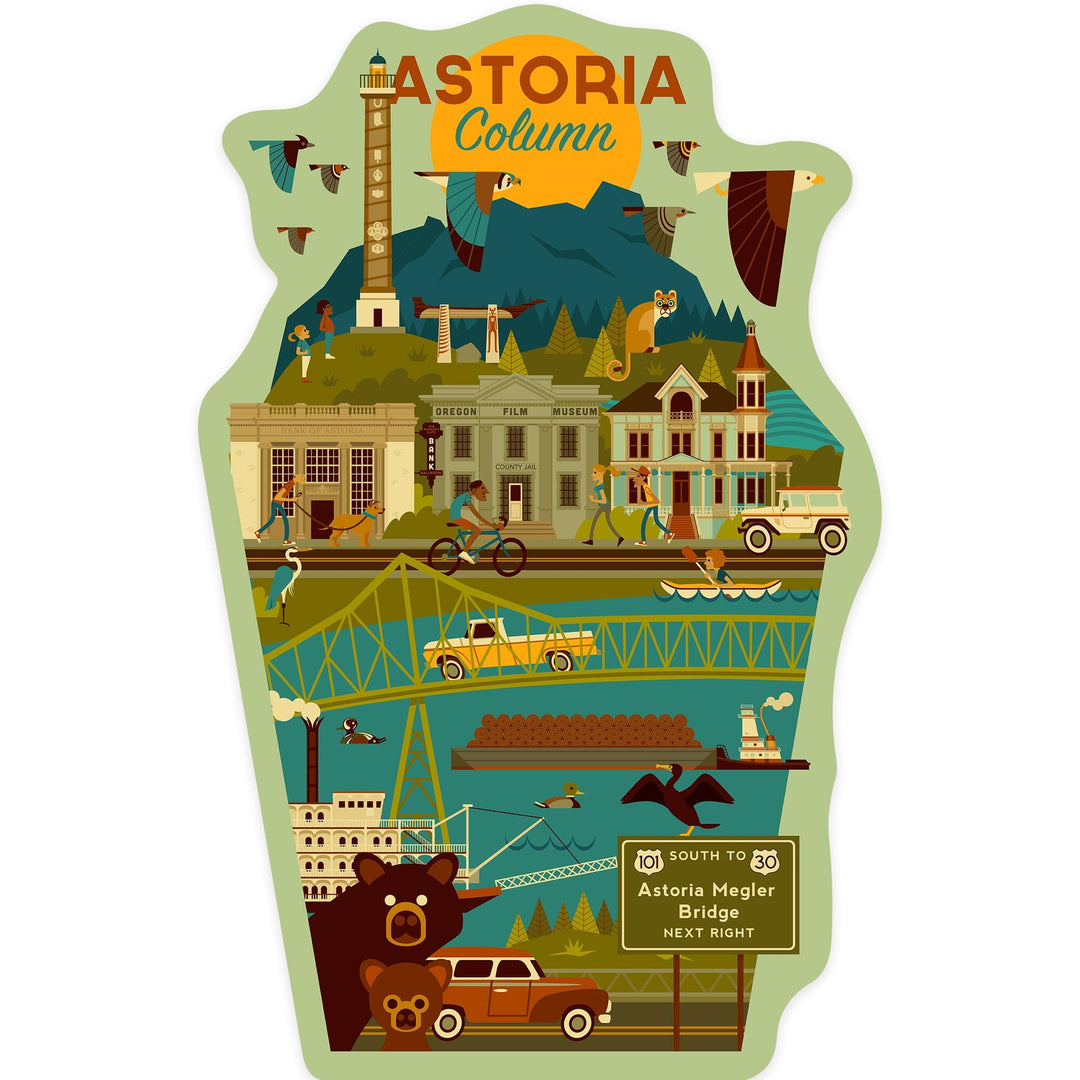 Astoria, Oregon, Astoria Column, Geometric, Contour, Lantern Press Artwork, Vinyl Sticker Sticker Lantern Press 