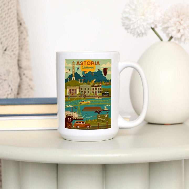 Astoria, Oregon, Astoria Column, Geometric, Lantern Press Artwork, Ceramic Mug Mugs Lantern Press 