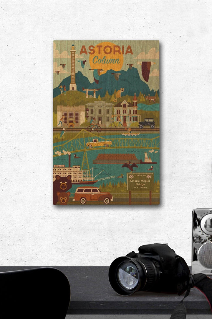 Astoria, Oregon, Astoria Column, Geometric, Lantern Press Artwork, Wood Signs and Postcards Wood Lantern Press 12 x 18 Wood Gallery Print 