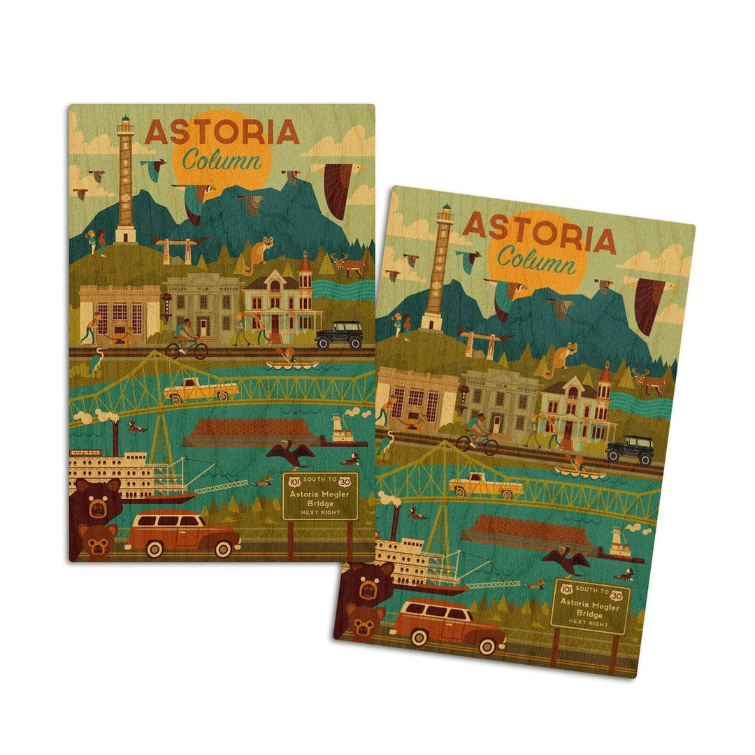 Astoria, Oregon, Astoria Column, Geometric, Lantern Press Artwork, Wood Signs and Postcards Wood Lantern Press 4x6 Wood Postcard Set 