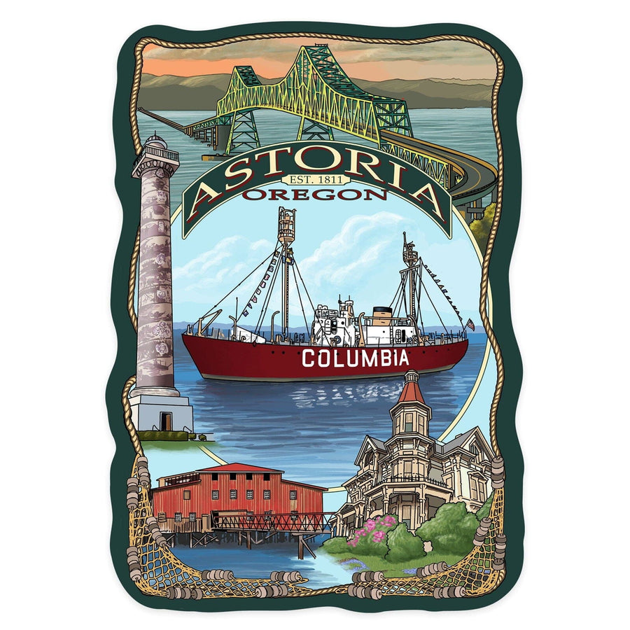 Astoria, Oregon, Montage, Contour, Lantern Press Artwork, Vinyl Sticker Sticker Lantern Press 