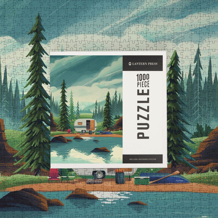 At Home Anywhere, Camper in Evergreens, Jigsaw Puzzle Puzzle Lantern Press 