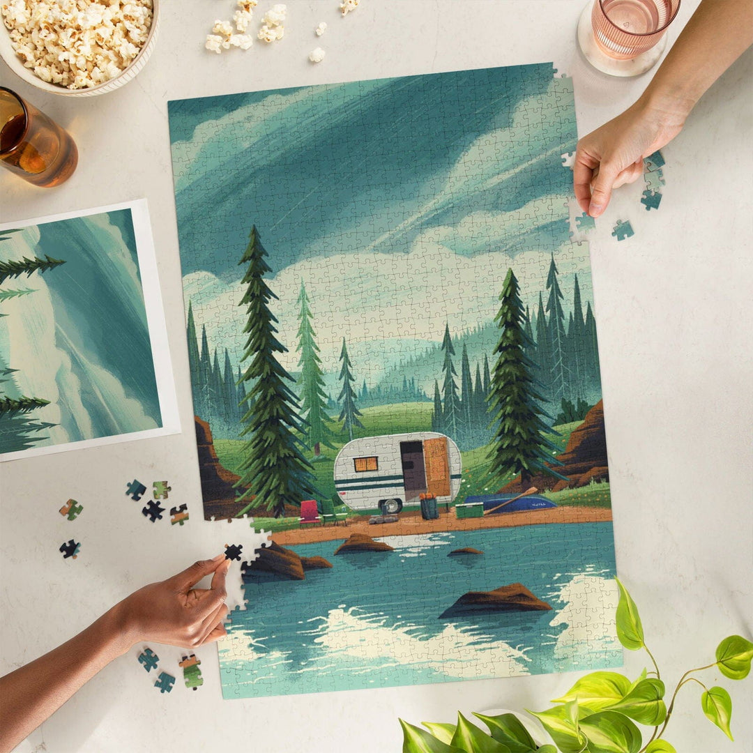 At Home Anywhere, Camper in Evergreens, Jigsaw Puzzle Puzzle Lantern Press 