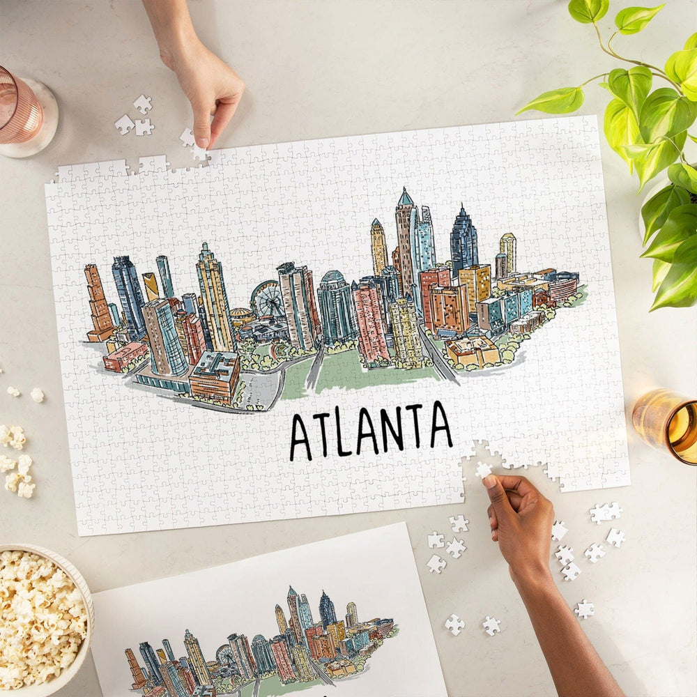Atlanta, Georgia, Line Drawing, Jigsaw Puzzle Puzzle Lantern Press 
